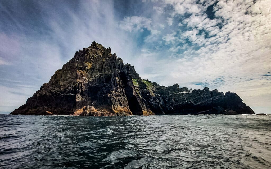View of Skellig Islands' lighthouse from the sea, Kerry